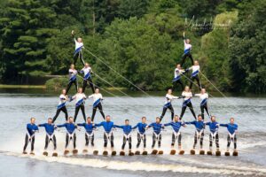 Wisconsin Rapids Aqua Skiers in double pyramid formation on water