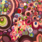 Various sized pink and dark circle artwork titles "Bubbling Up" by Laura Newman